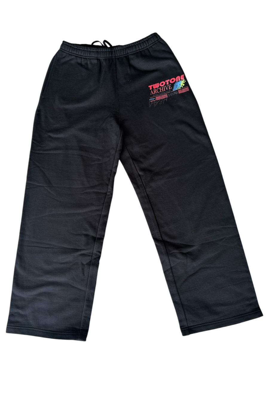 Black pants with a logo on a white background