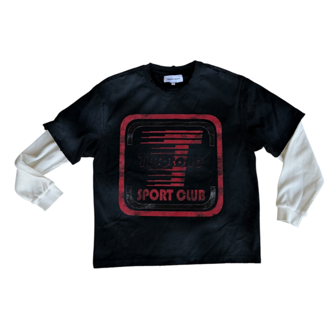 Black t-shirt with red logo and white sleeves on a white background